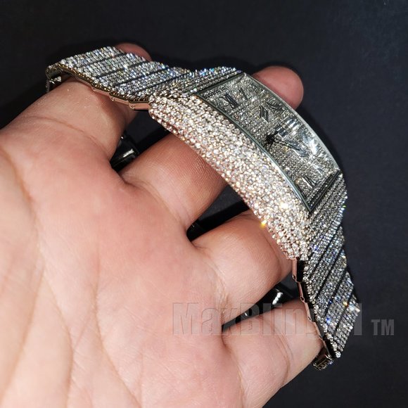 Men Full Iced Band Simulated Diamond Gold Silver Finish Hip Hop Metal Icy Watch - Picture 8 of 9